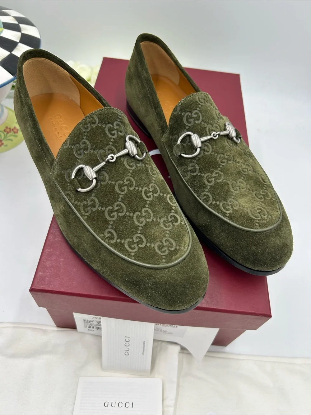 Men's Gucci horse bit GG embossed suede loafers size 8 fits nine US made Italy